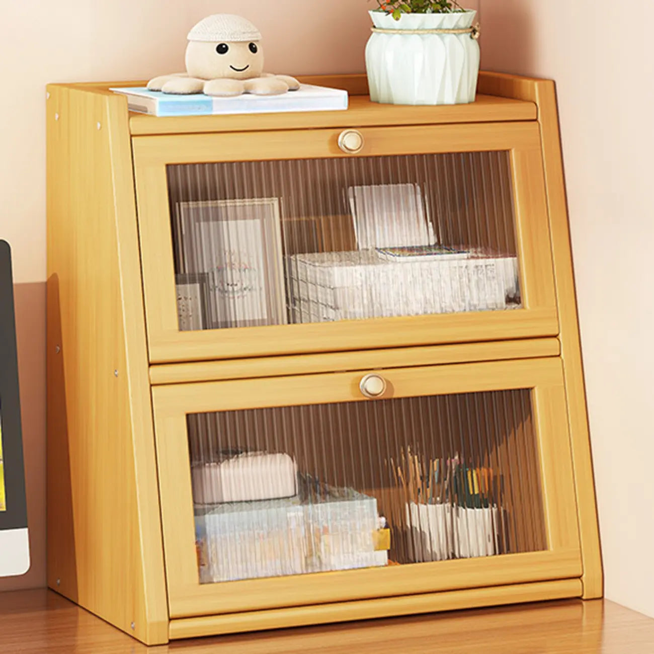 Bibliothèque compacte en bois avec portes vitrées