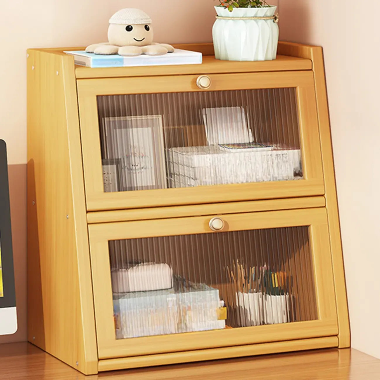 Bibliothèque compacte en bois avec portes vitrées
