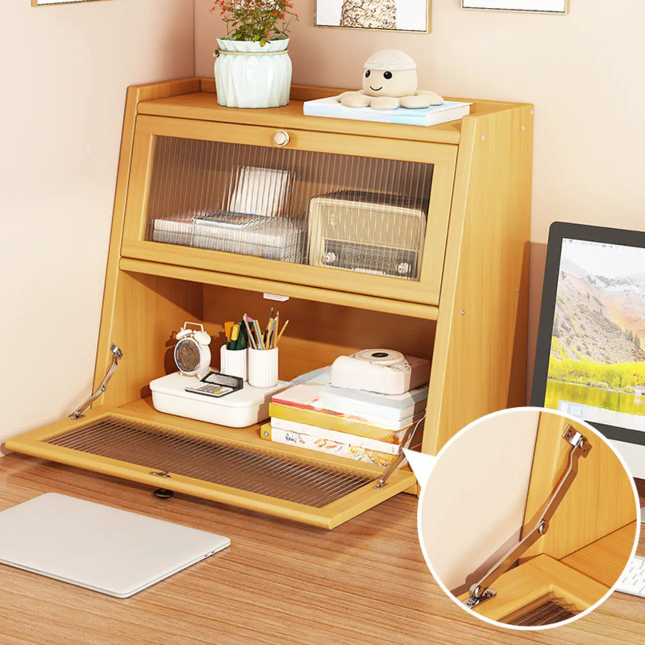 Bibliothèque compacte en bois avec portes vitrées