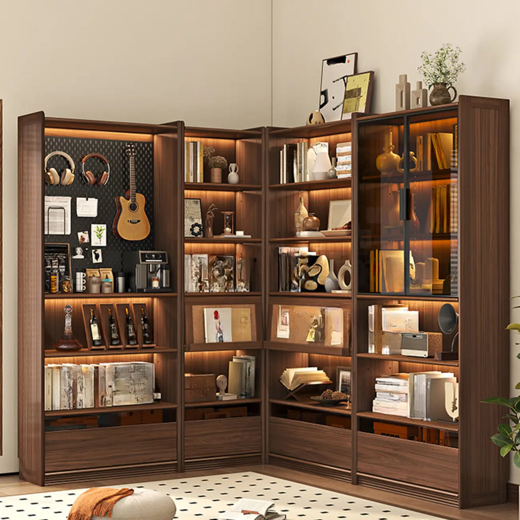 Bibliothèque en bois marron à 5 étagères et portes vitrées