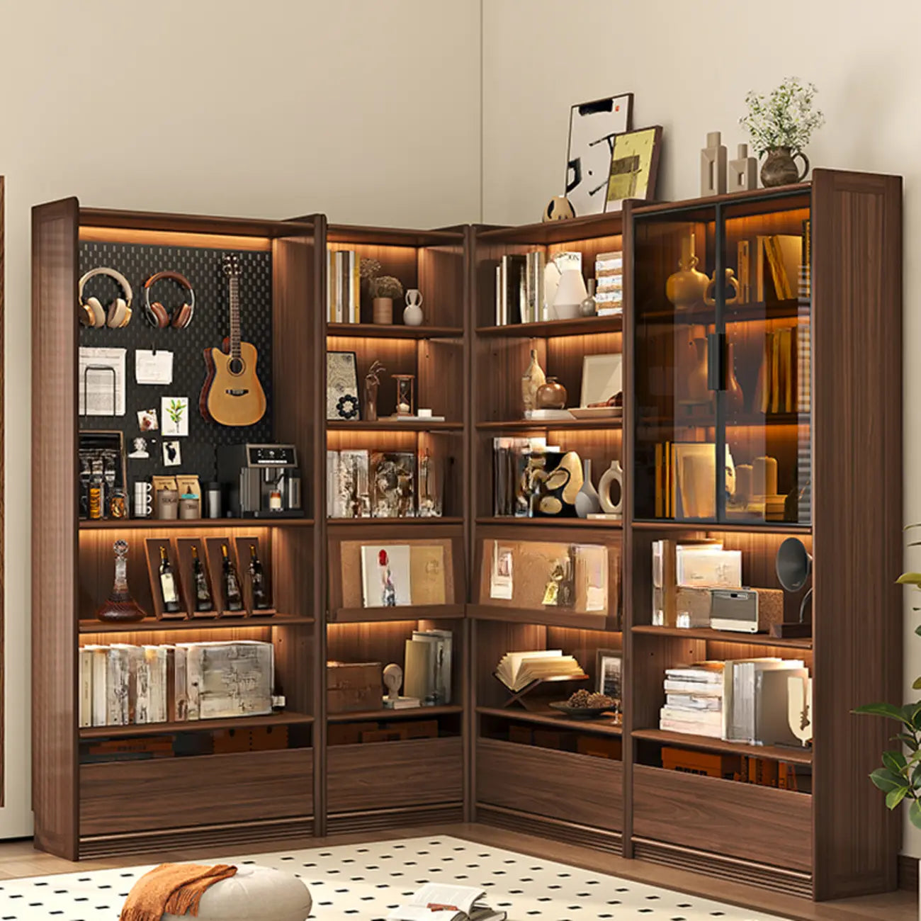Bibliothèque en bois marron à 5 étagères et portes vitrées