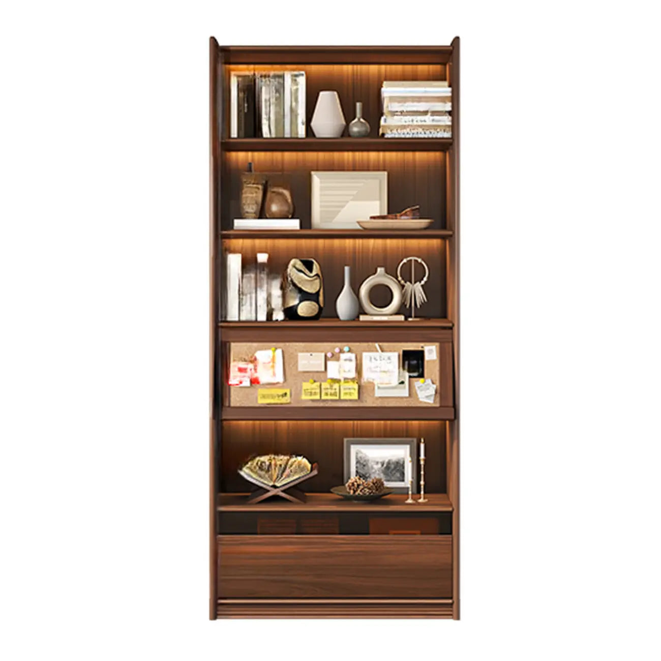 Bibliothèque en bois marron à 5 étagères et portes vitrées