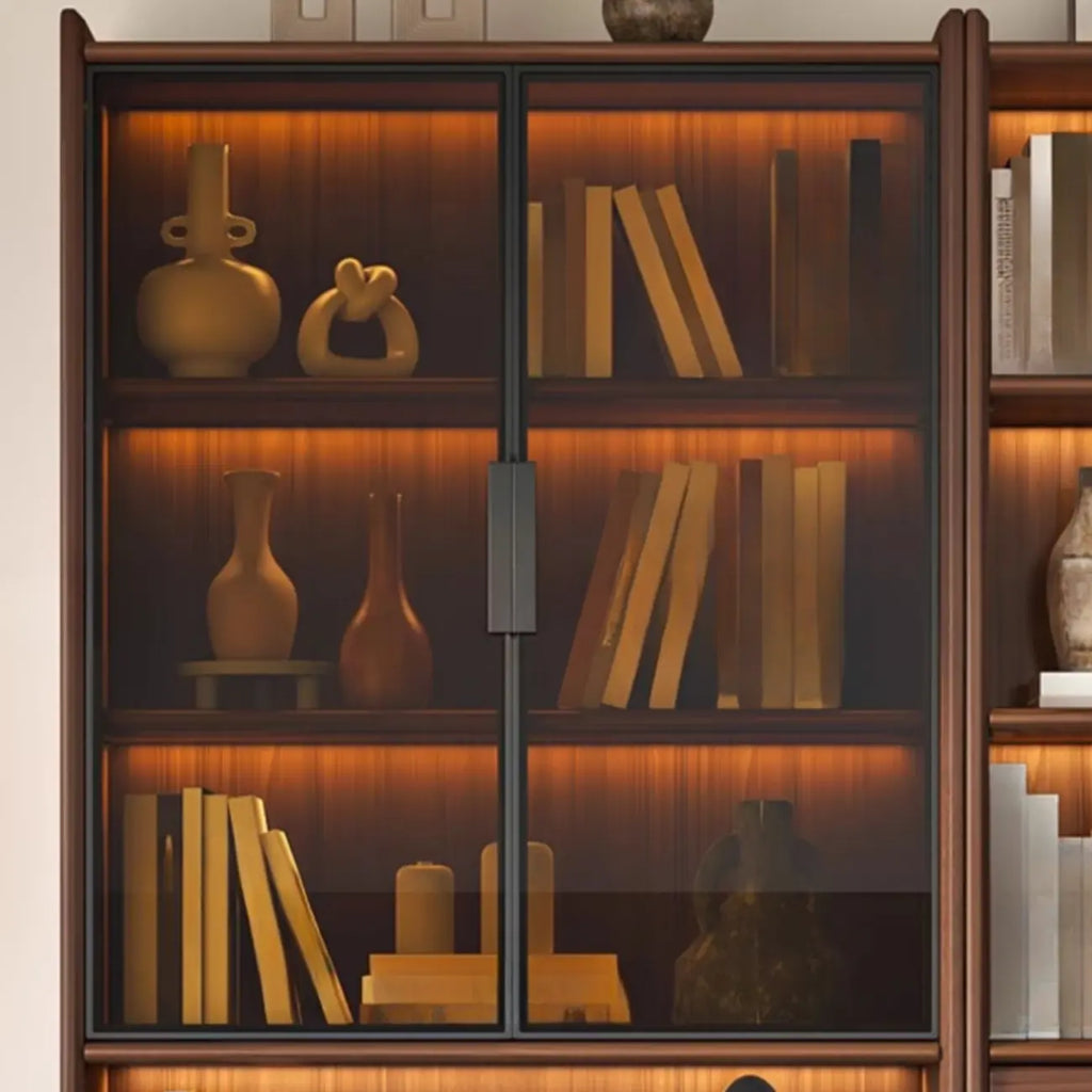 Bibliothèque en bois marron à 5 étagères et portes vitrées