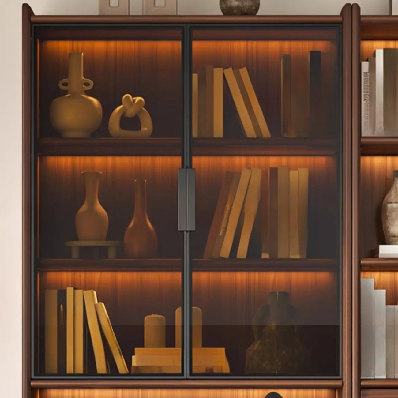 Bibliothèque en bois marron à 5 étagères et portes vitrées
