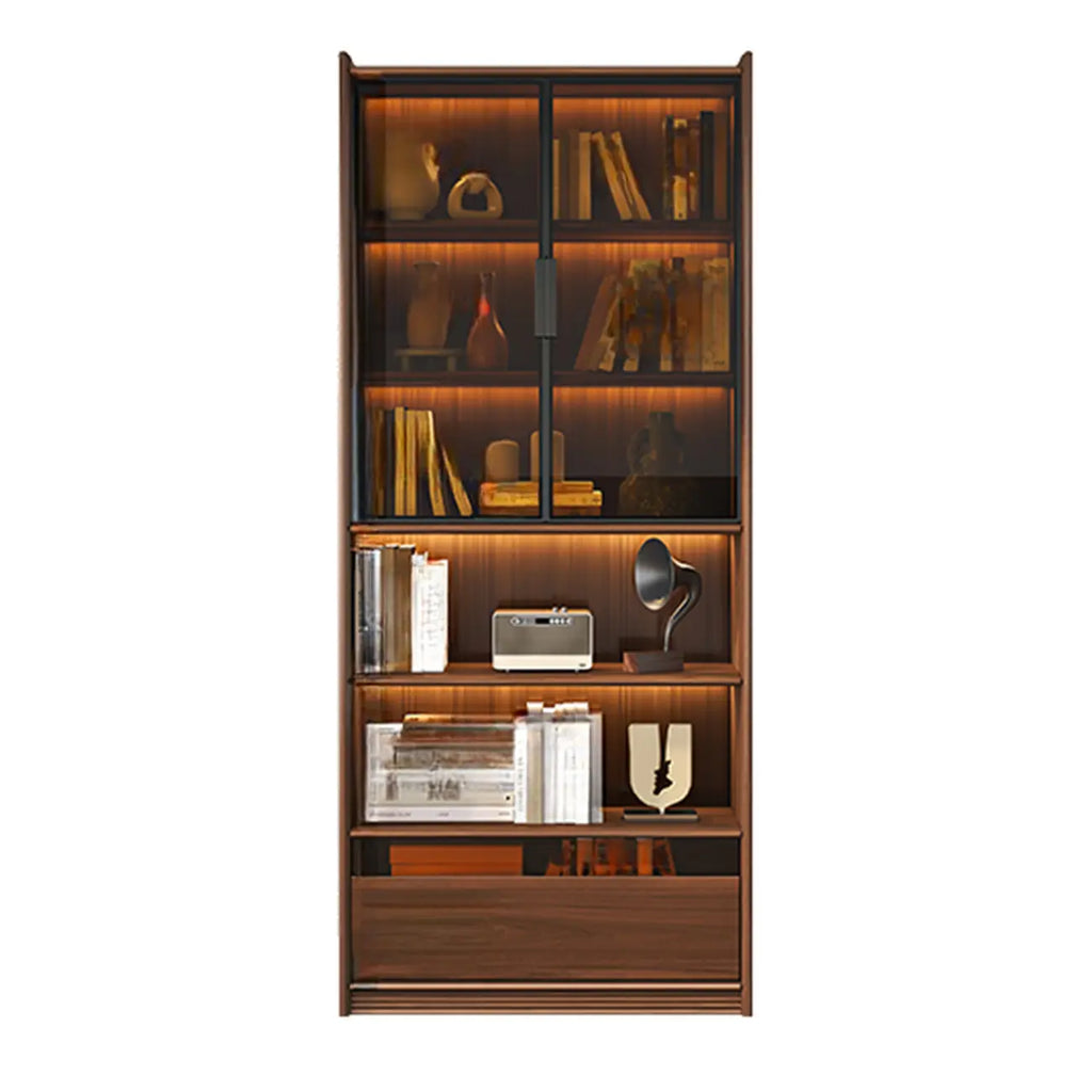 Bibliothèque en bois marron à 5 étagères et portes vitrées