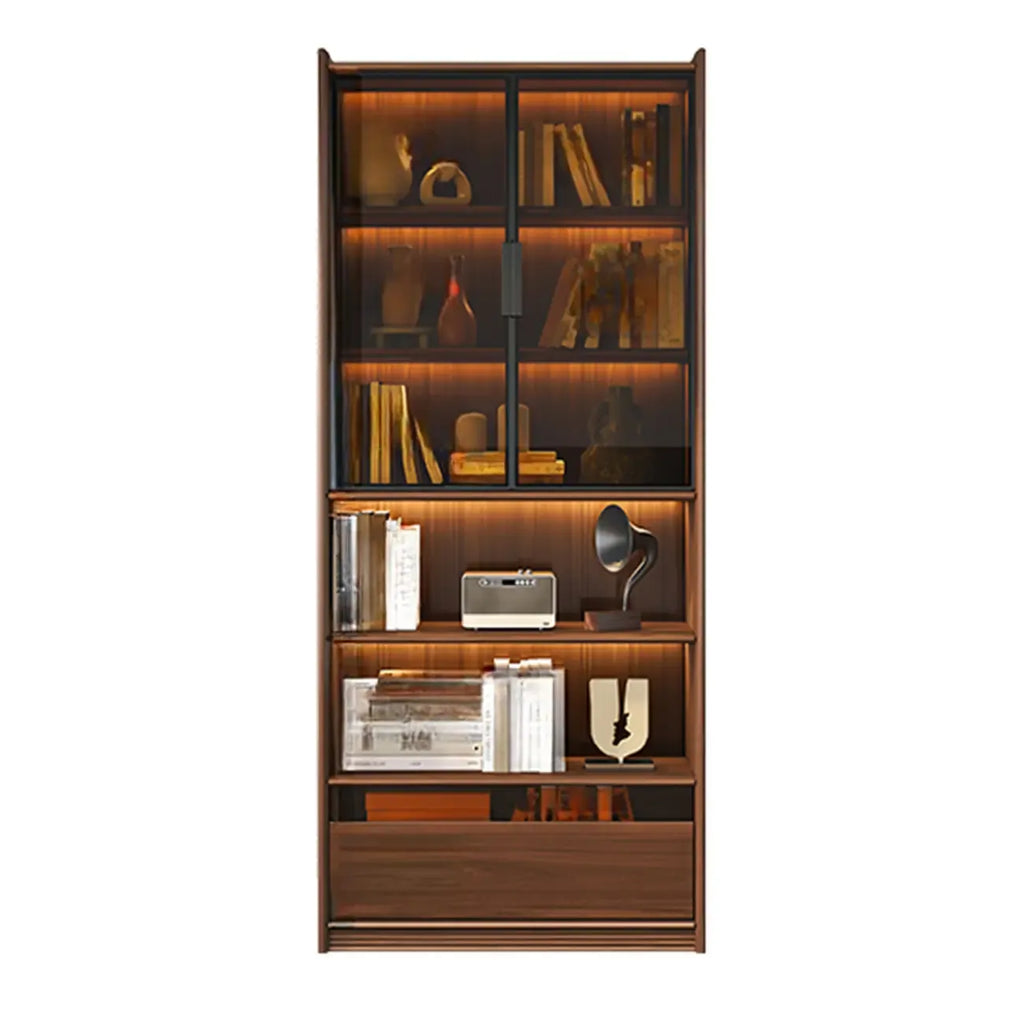 Bibliothèque en bois marron à 5 étagères et portes vitrées