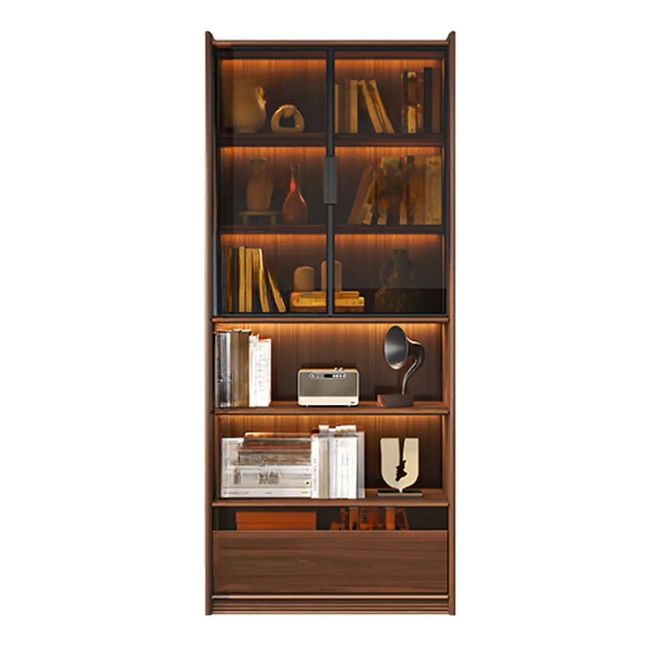Bibliothèque en bois marron à 5 étagères et portes vitrées