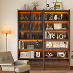 Bibliothèque en bois marron à 5 étagères et portes vitrées