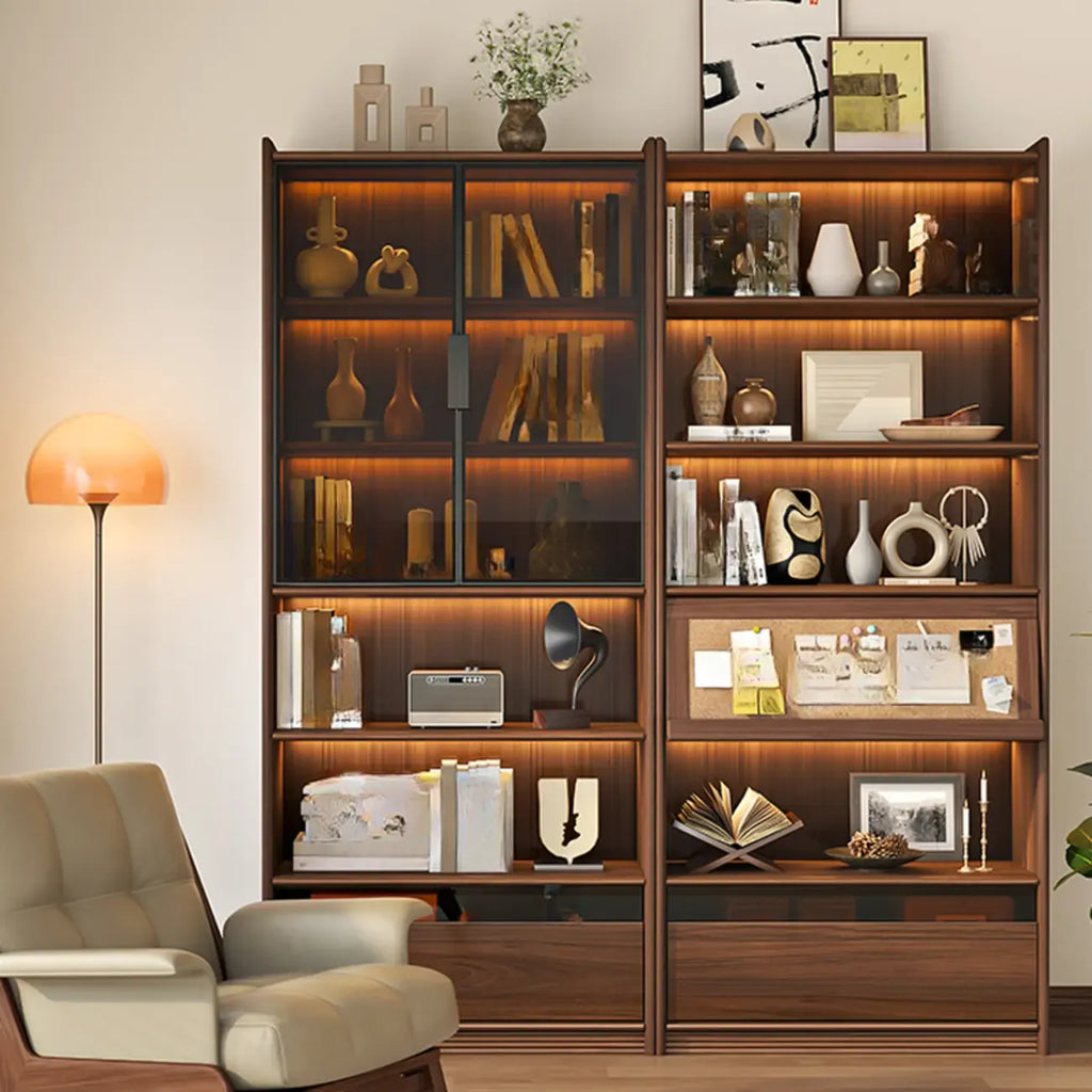 Bibliothèque en bois marron à 5 étagères et portes vitrées