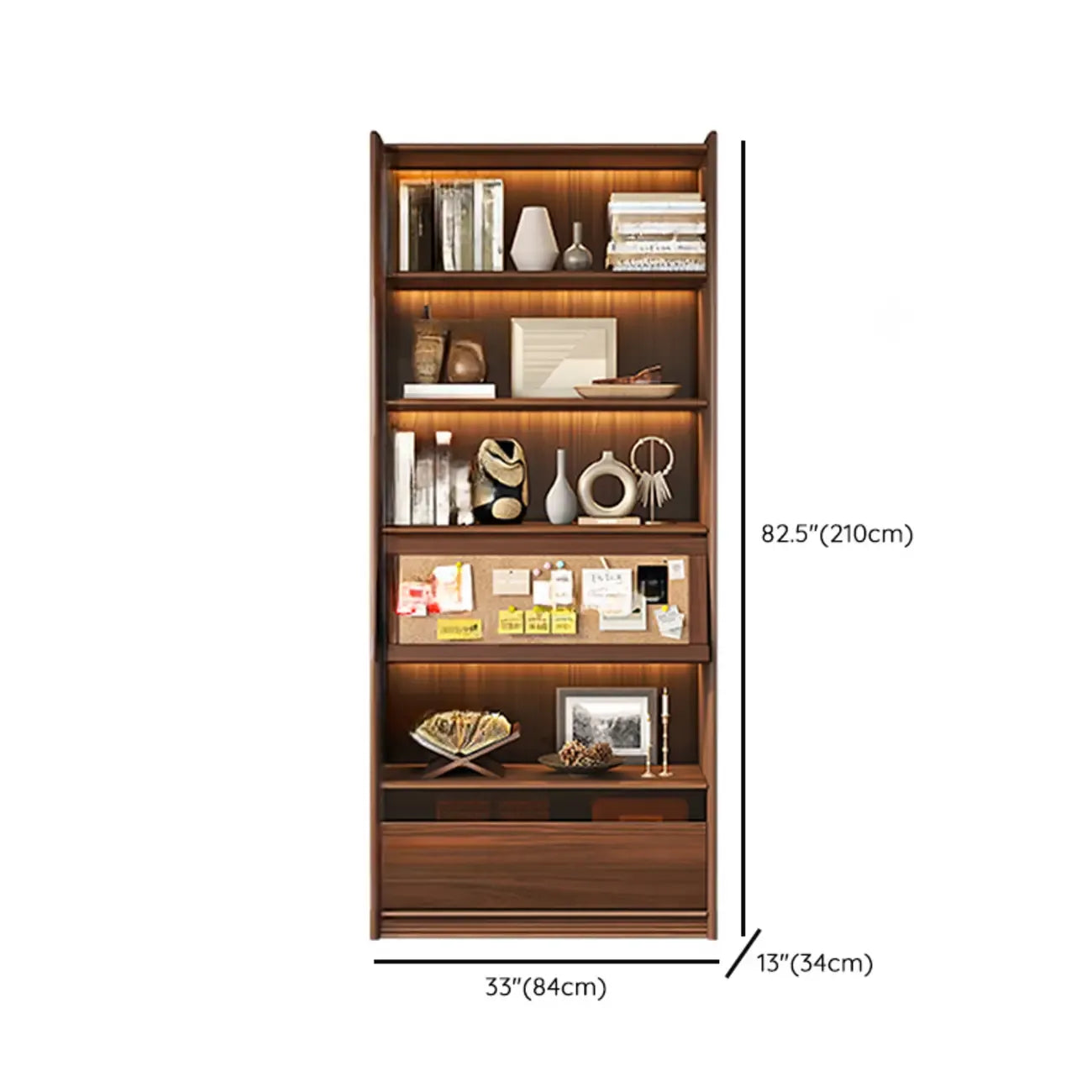 Bibliothèque en bois marron à 5 étagères et portes vitrées