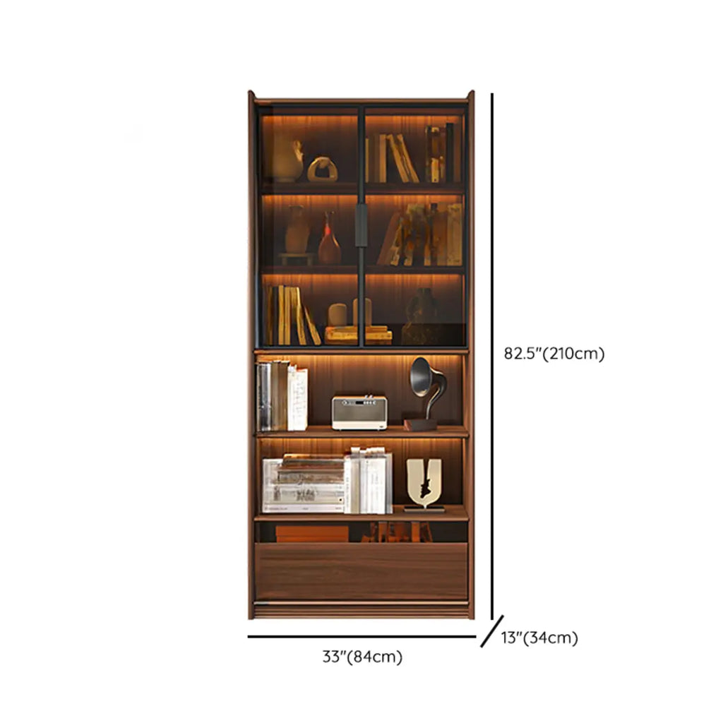 Bibliothèque en bois marron à 5 étagères et portes vitrées