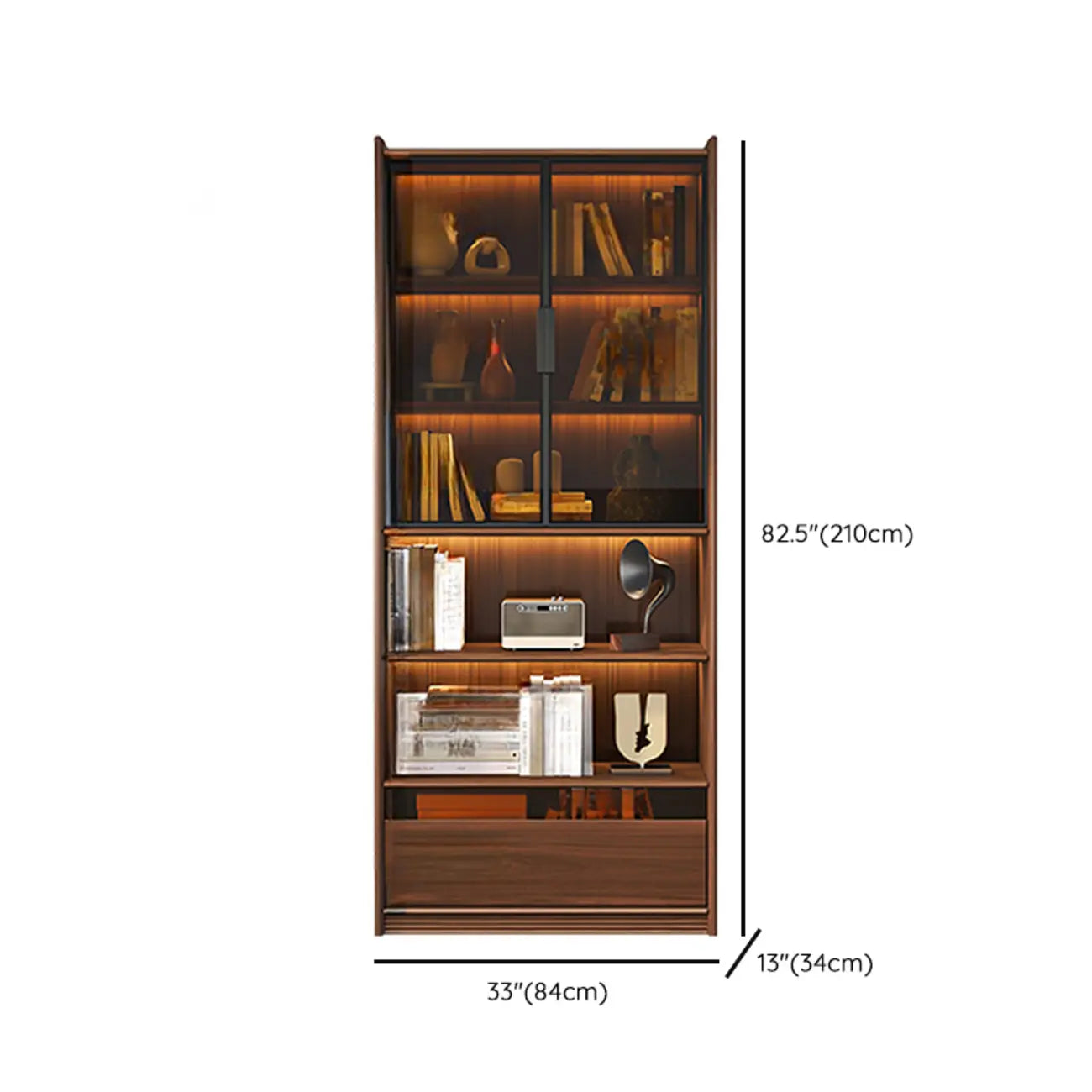 Bibliothèque en bois marron à 5 étagères et portes vitrées