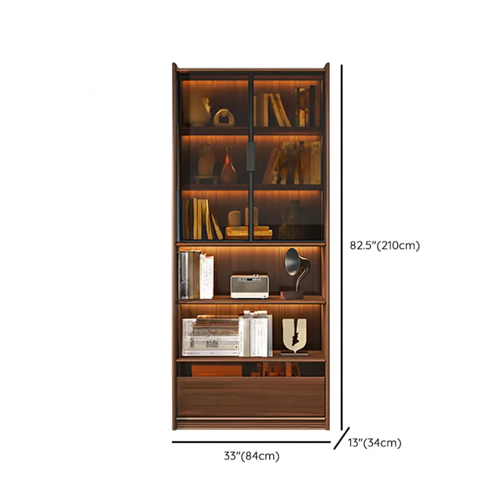 Bibliothèque en bois marron à 5 étagères et portes vitrées