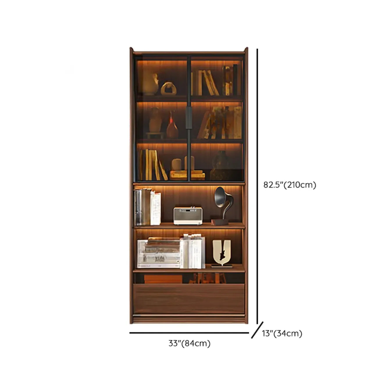 Bibliothèque en bois marron à 5 étagères et portes vitrées