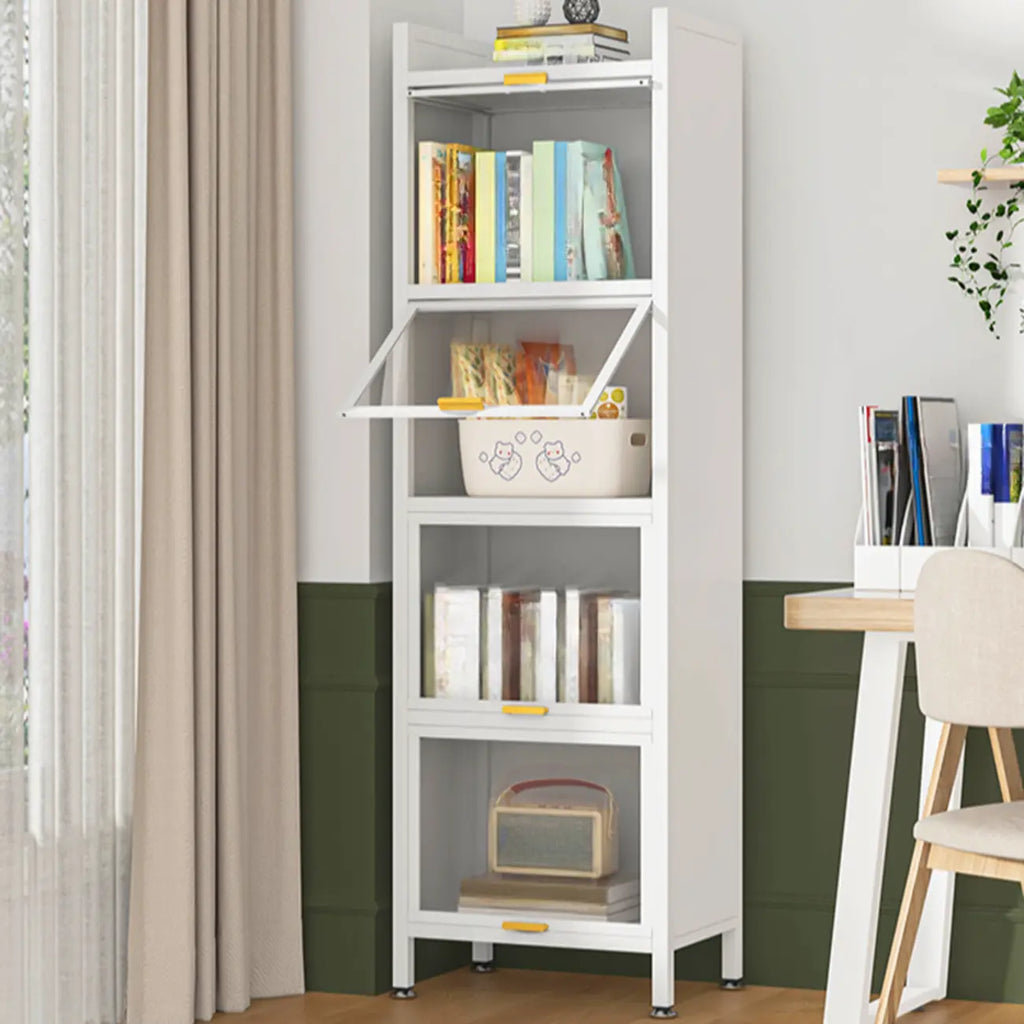 Libreria moderna a 4 ripiani in metallo bianco con ante in vetro