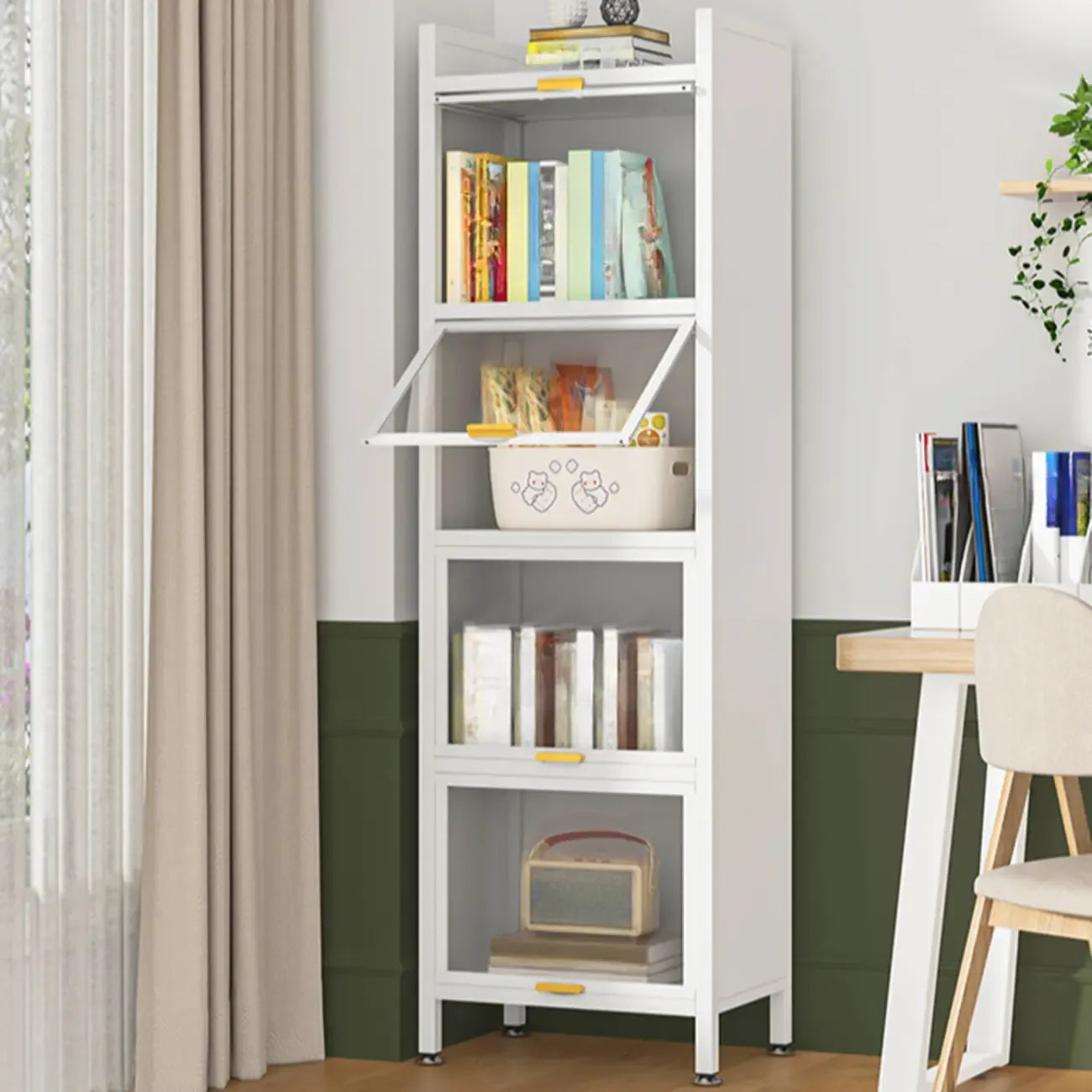 Libreria moderna a 4 ripiani in metallo bianco con ante in vetro