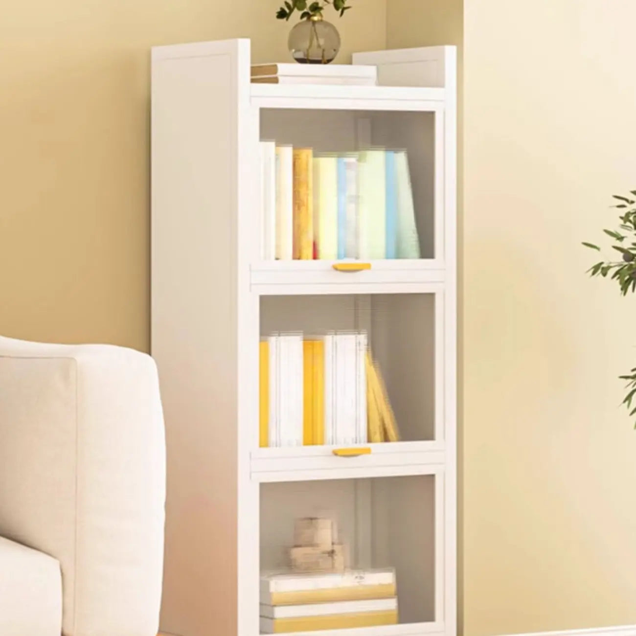 Libreria moderna a 4 ripiani in metallo bianco con ante in vetro