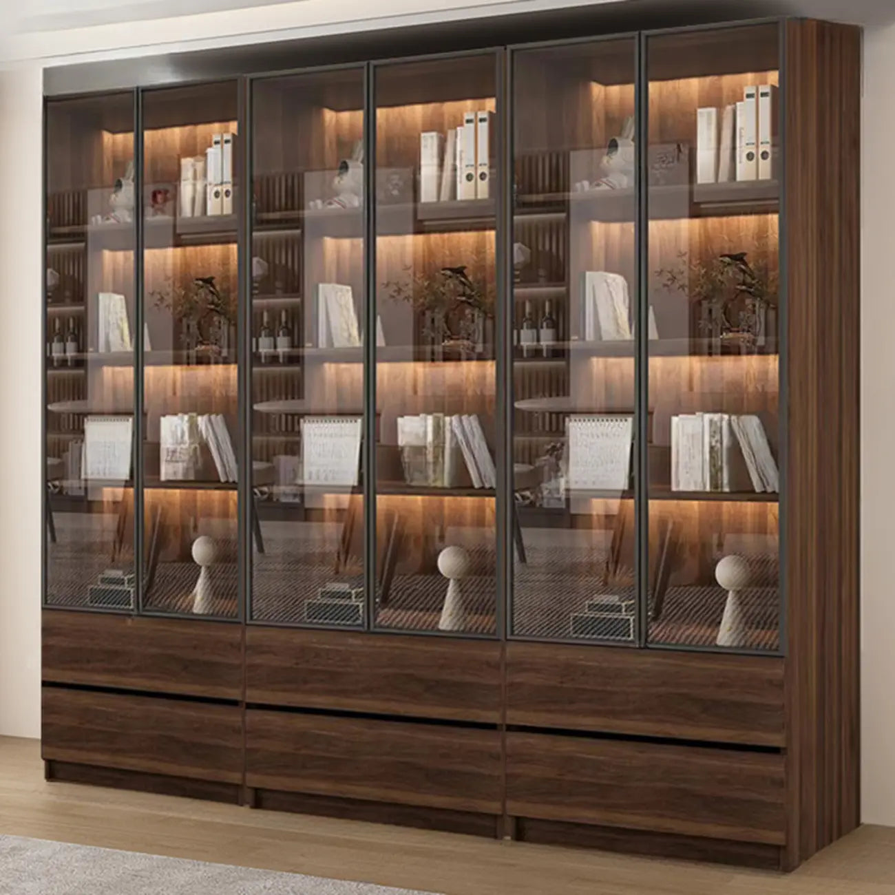 Bibliothèque moderne à 5 étagères en noyer avec porte vitrée