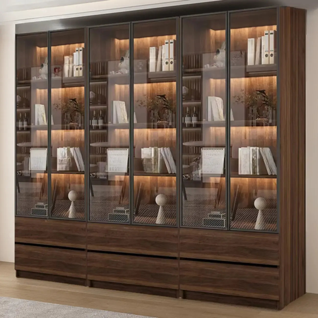 Bibliothèque moderne à 5 étagères en noyer avec porte vitrée