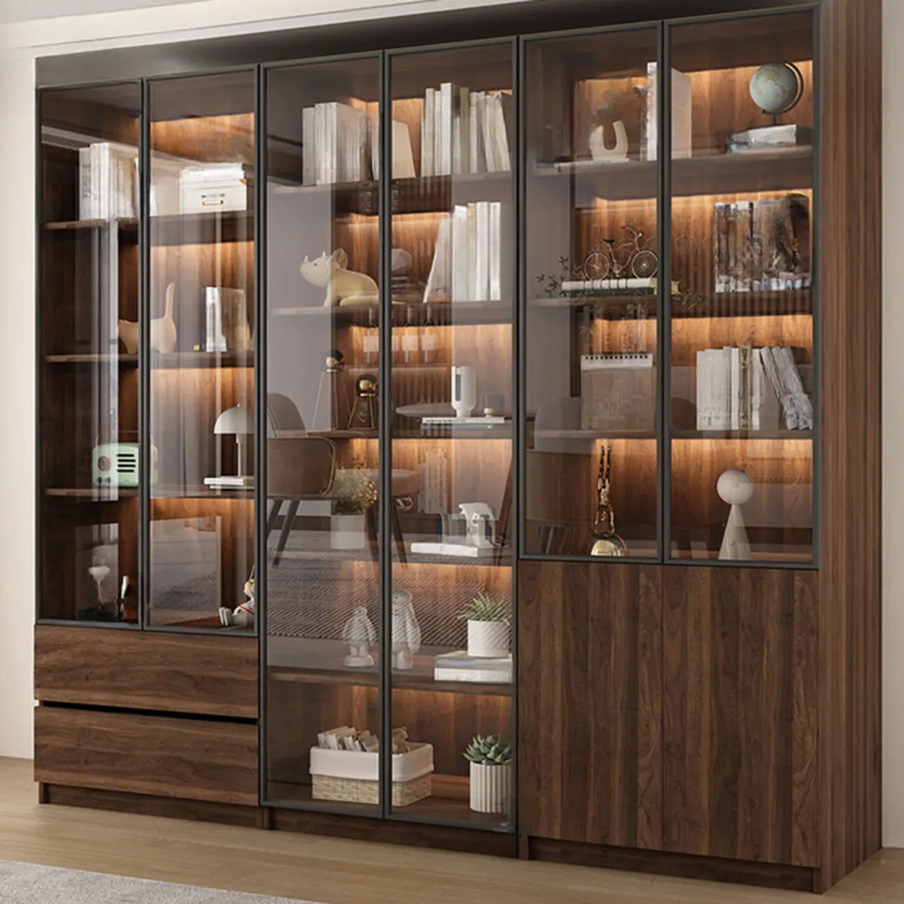 Bibliothèque moderne à 5 étagères en noyer avec porte vitrée