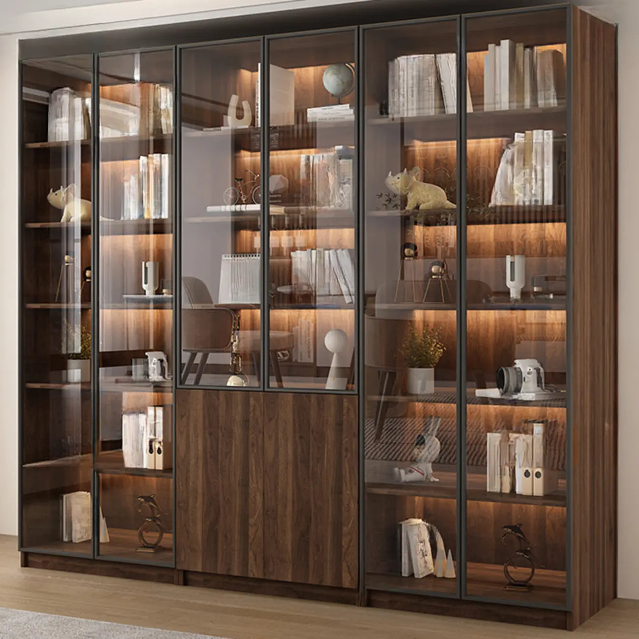 Bibliothèque moderne à 5 étagères en noyer avec porte vitrée