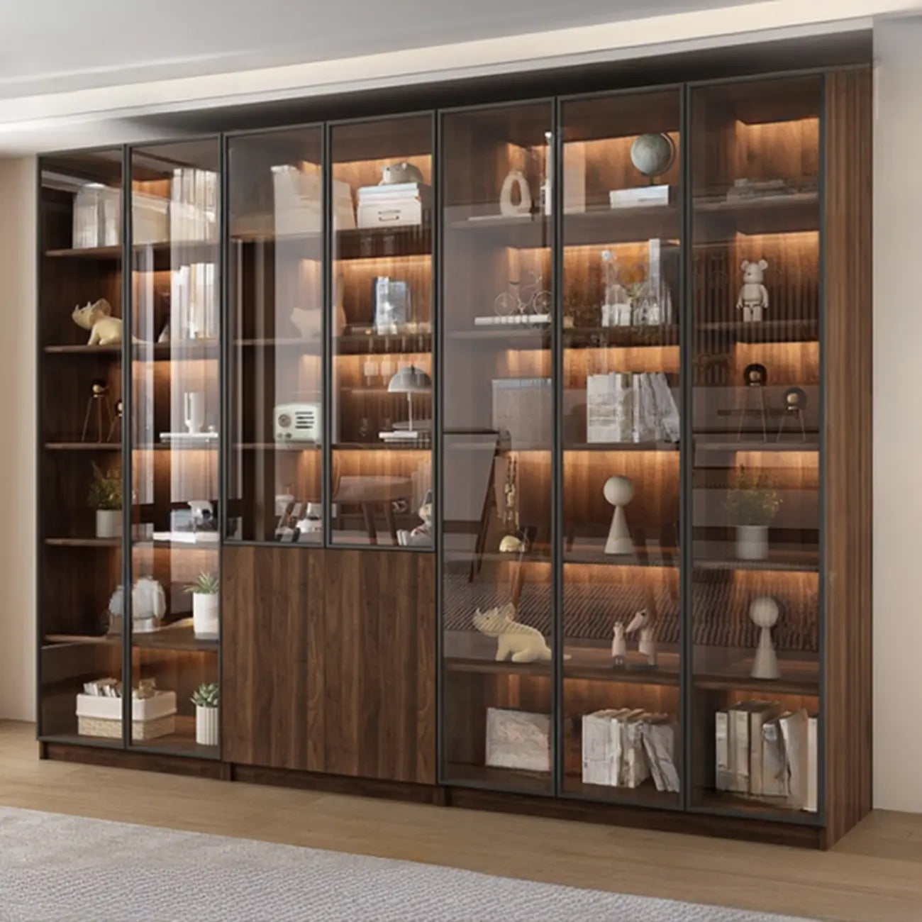 Bibliothèque moderne à 5 étagères en noyer avec porte vitrée