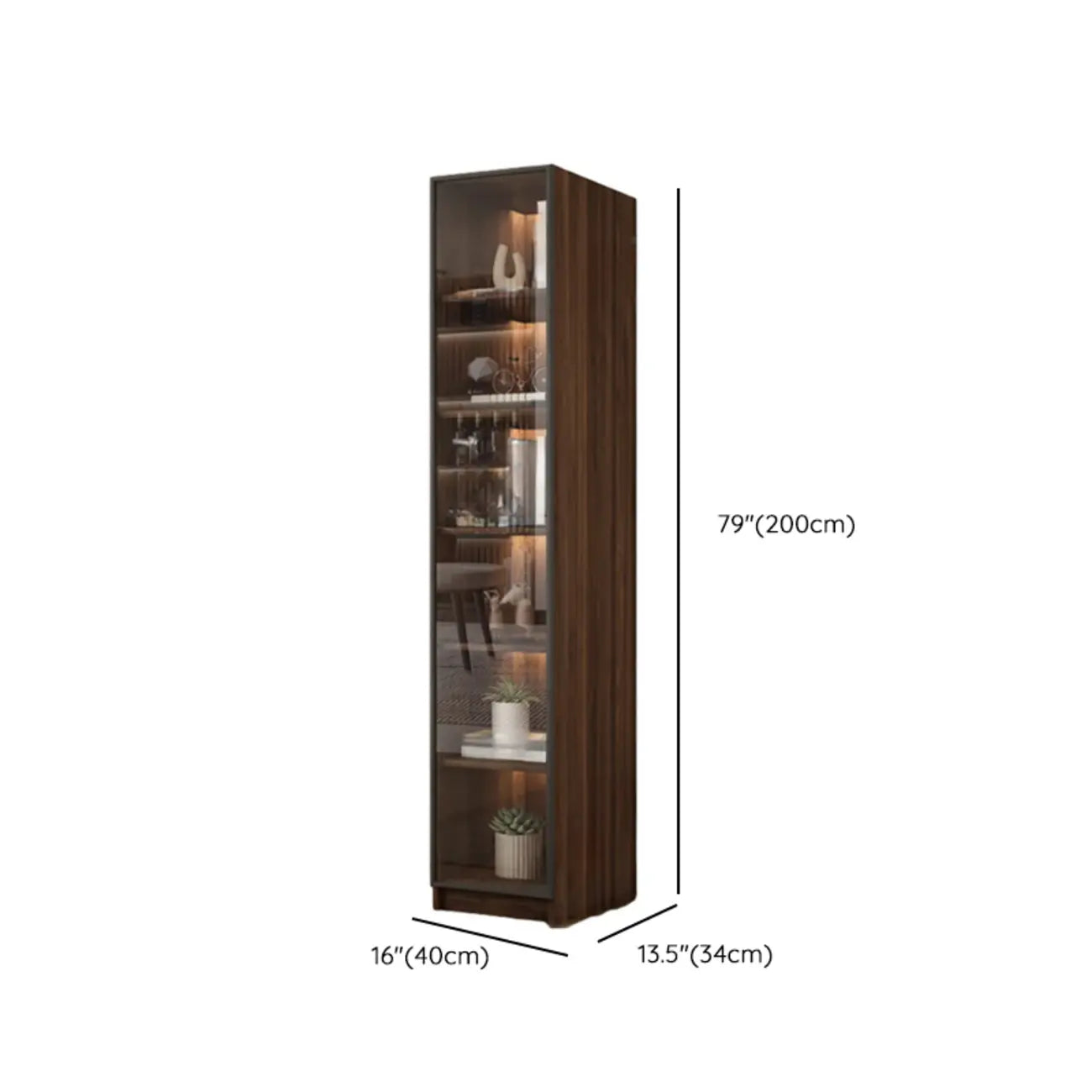 Bibliothèque moderne à 5 étagères en noyer avec porte vitrée