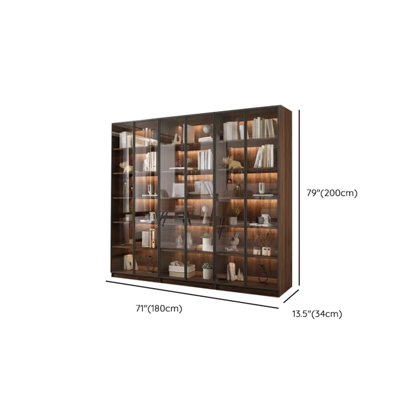 Bibliothèque moderne à 5 étagères en noyer avec porte vitrée