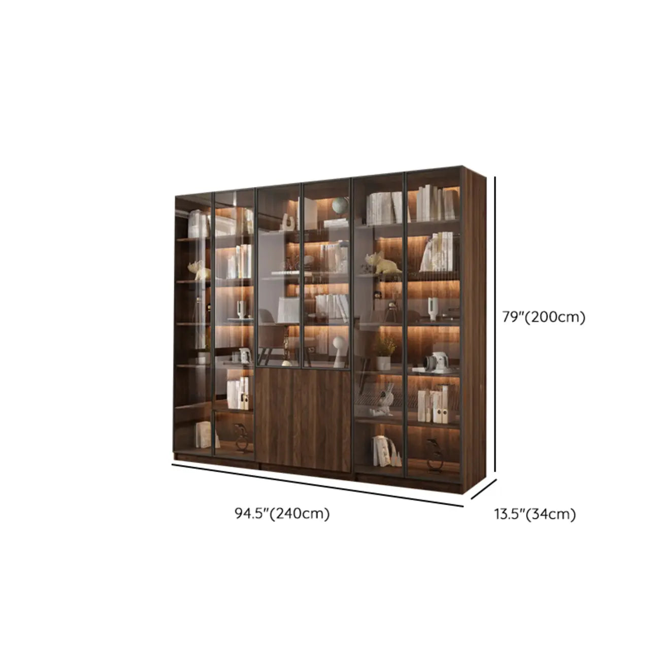 Bibliothèque moderne à 5 étagères en noyer avec porte vitrée