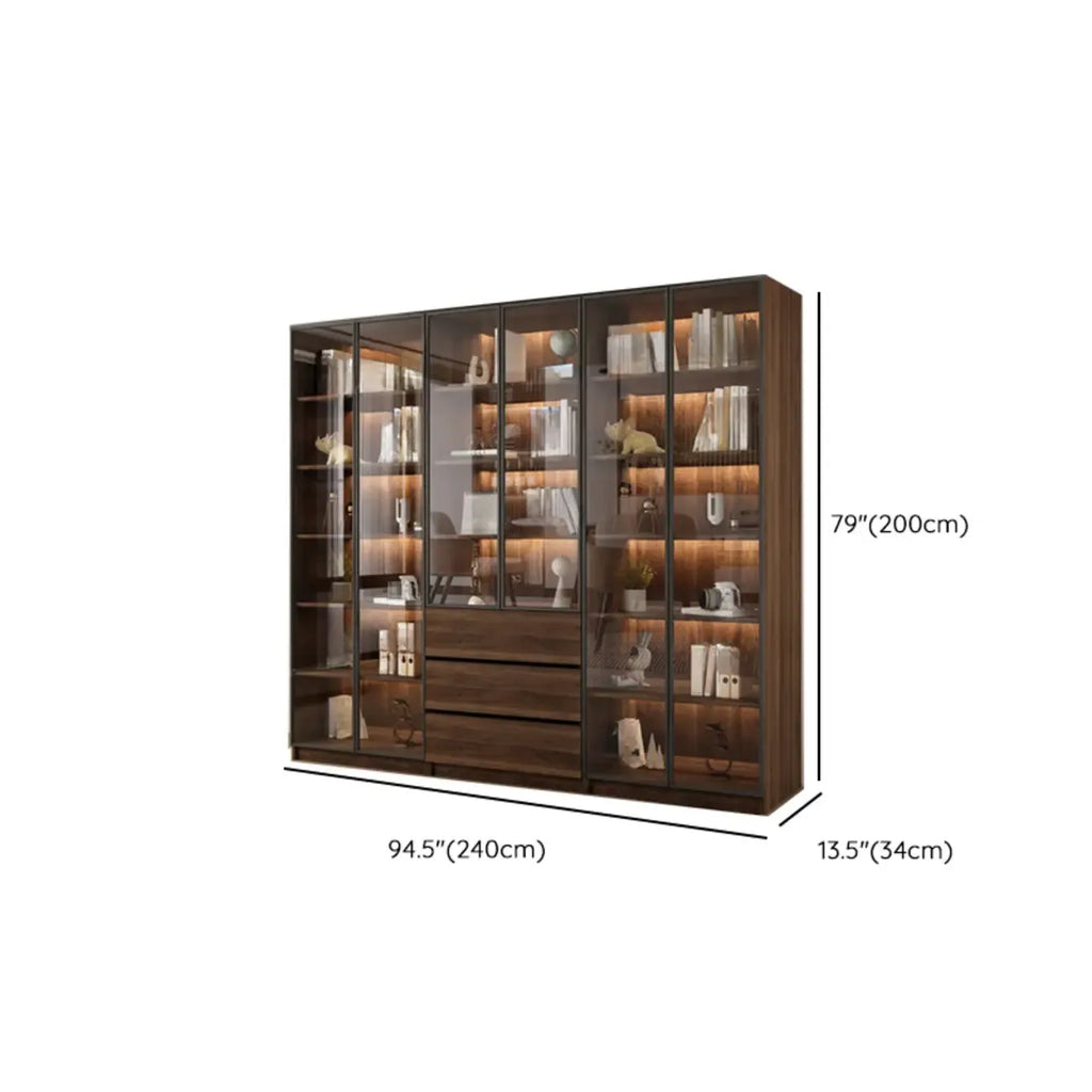 Bibliothèque moderne à 5 étagères en noyer avec porte vitrée