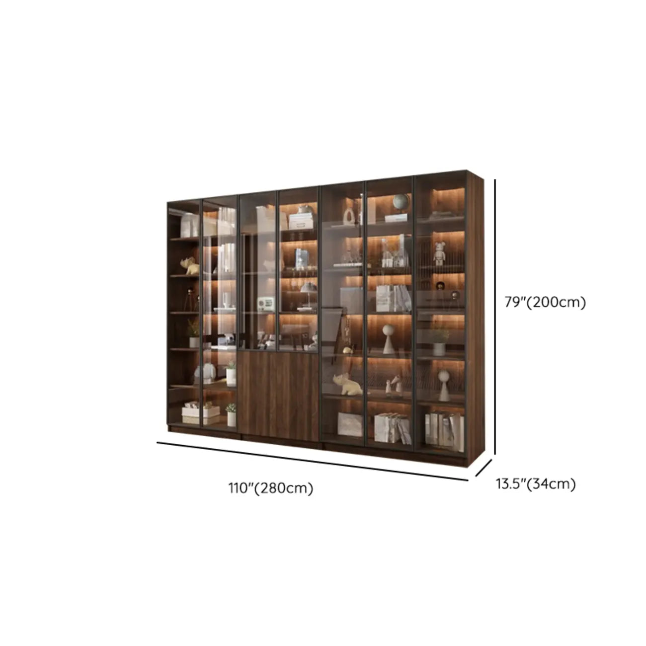 Bibliothèque moderne à 5 étagères en noyer avec porte vitrée