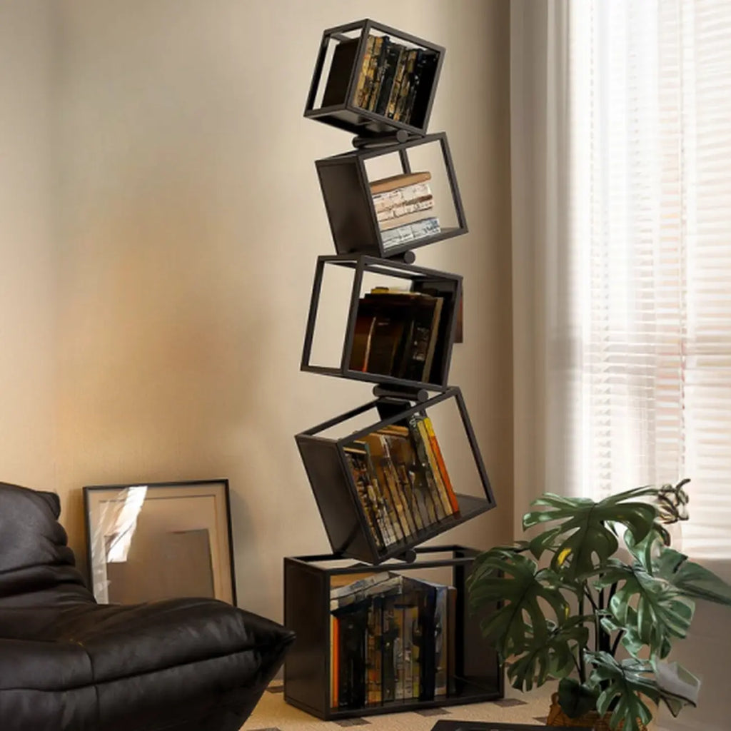 Libreria a cubo aperto geometrica in metallo nero, 73 pollici di altezza