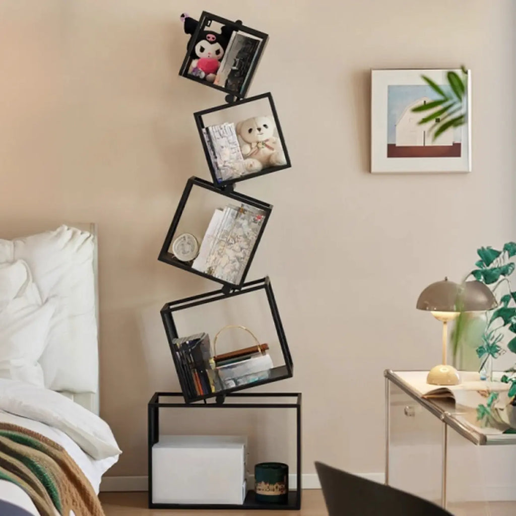 Libreria a cubo aperto geometrica in metallo nero, 73 pollici di altezza