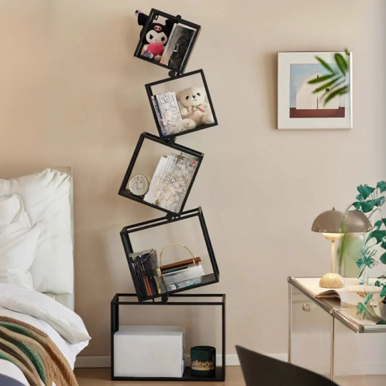 Libreria a cubo aperto geometrica in metallo nero, 73 pollici di altezza
