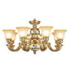 Lampadario in ceramica color oro antico con campane in vetro satinato