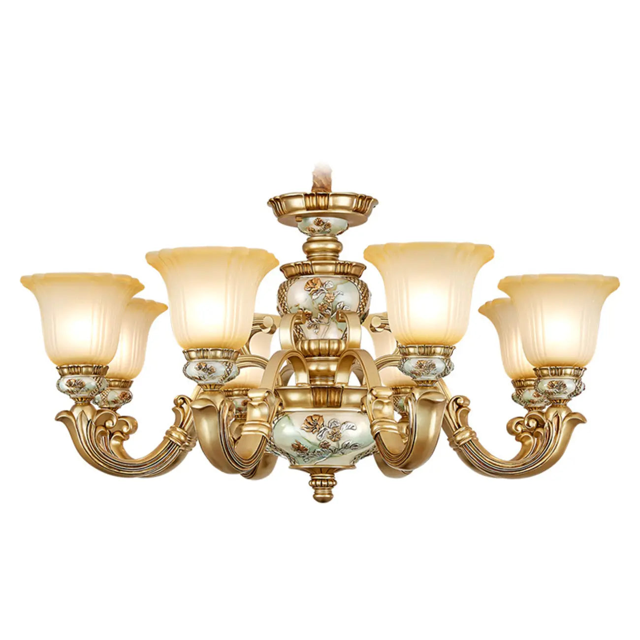 Lampadario in ceramica color oro antico con campane in vetro satinato