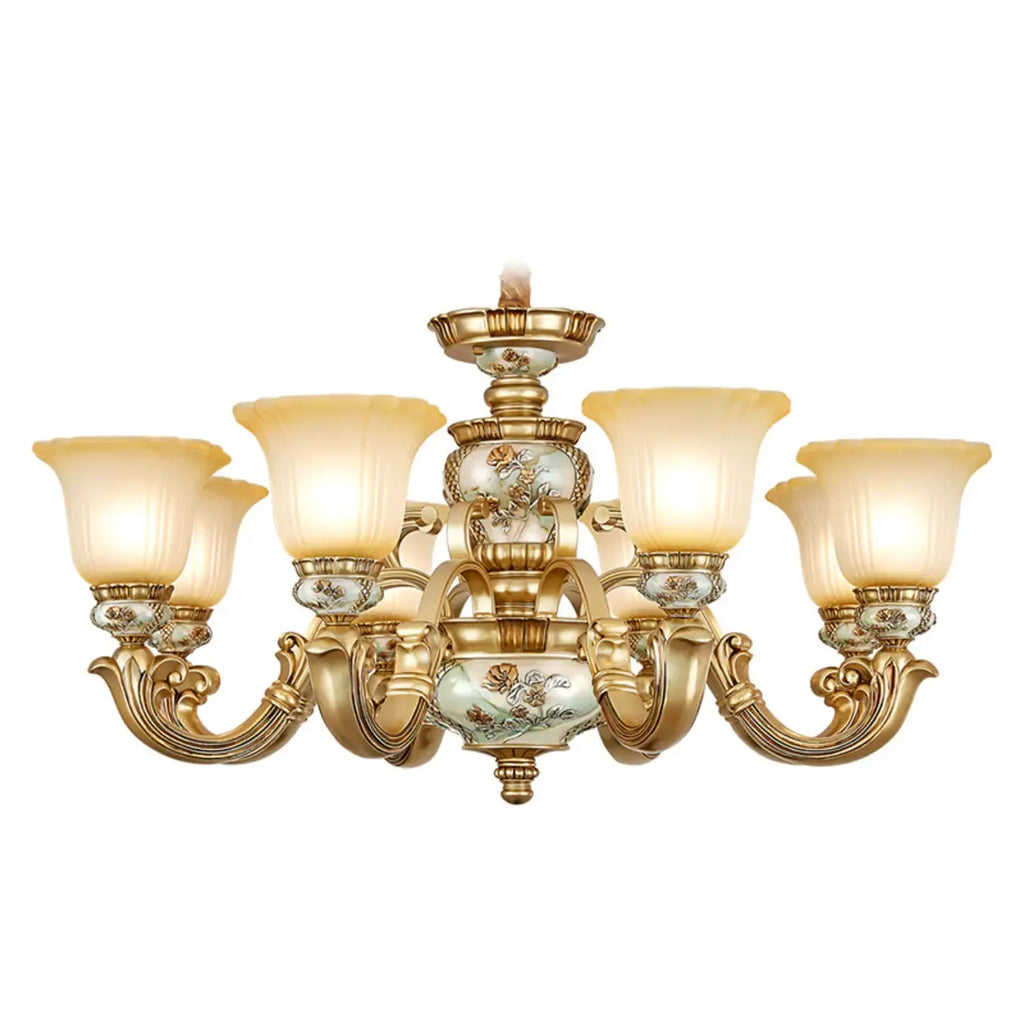 Lampadario in ceramica color oro antico con campane in vetro satinato