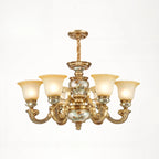 Lampadario in ceramica color oro antico con campane in vetro satinato