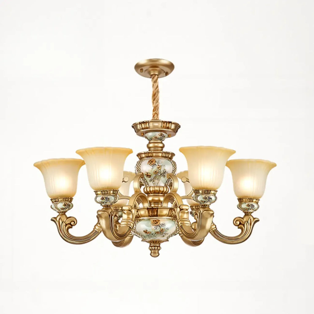 Lampadario in ceramica color oro antico con campane in vetro satinato