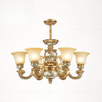 Lampadario in ceramica color oro antico con campane in vetro satinato