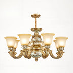 Lampadario in ceramica color oro antico con campane in vetro satinato