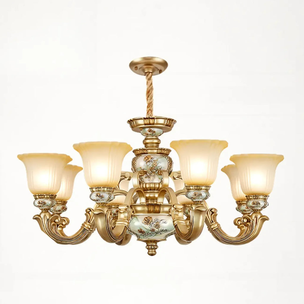 Lampadario in ceramica color oro antico con campane in vetro satinato
