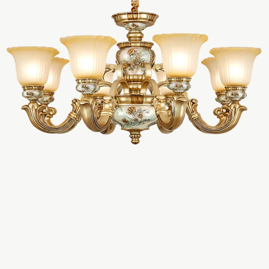Lampadario in ceramica color oro antico con campane in vetro satinato