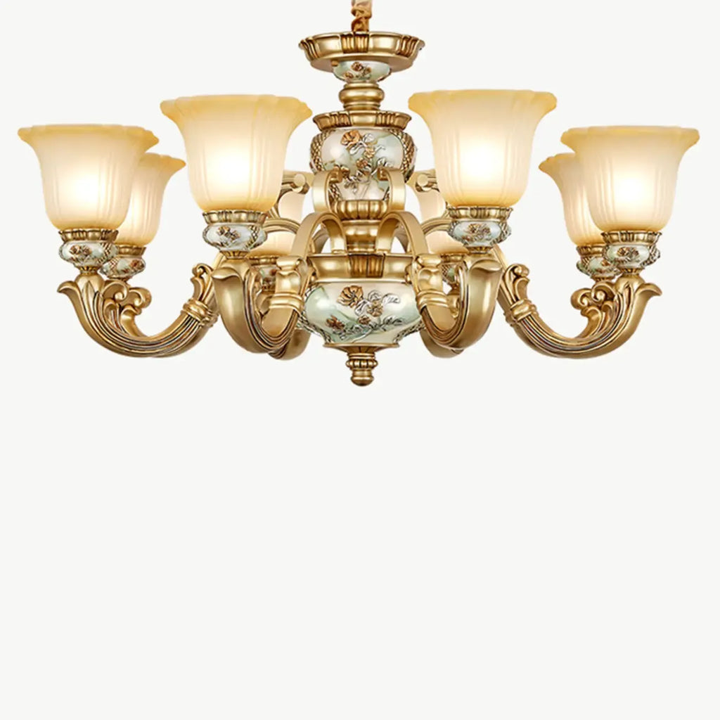 Lampadario in ceramica color oro antico con campane in vetro satinato