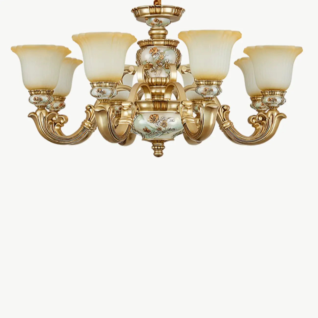 Lampadario in ceramica color oro antico con campane in vetro satinato
