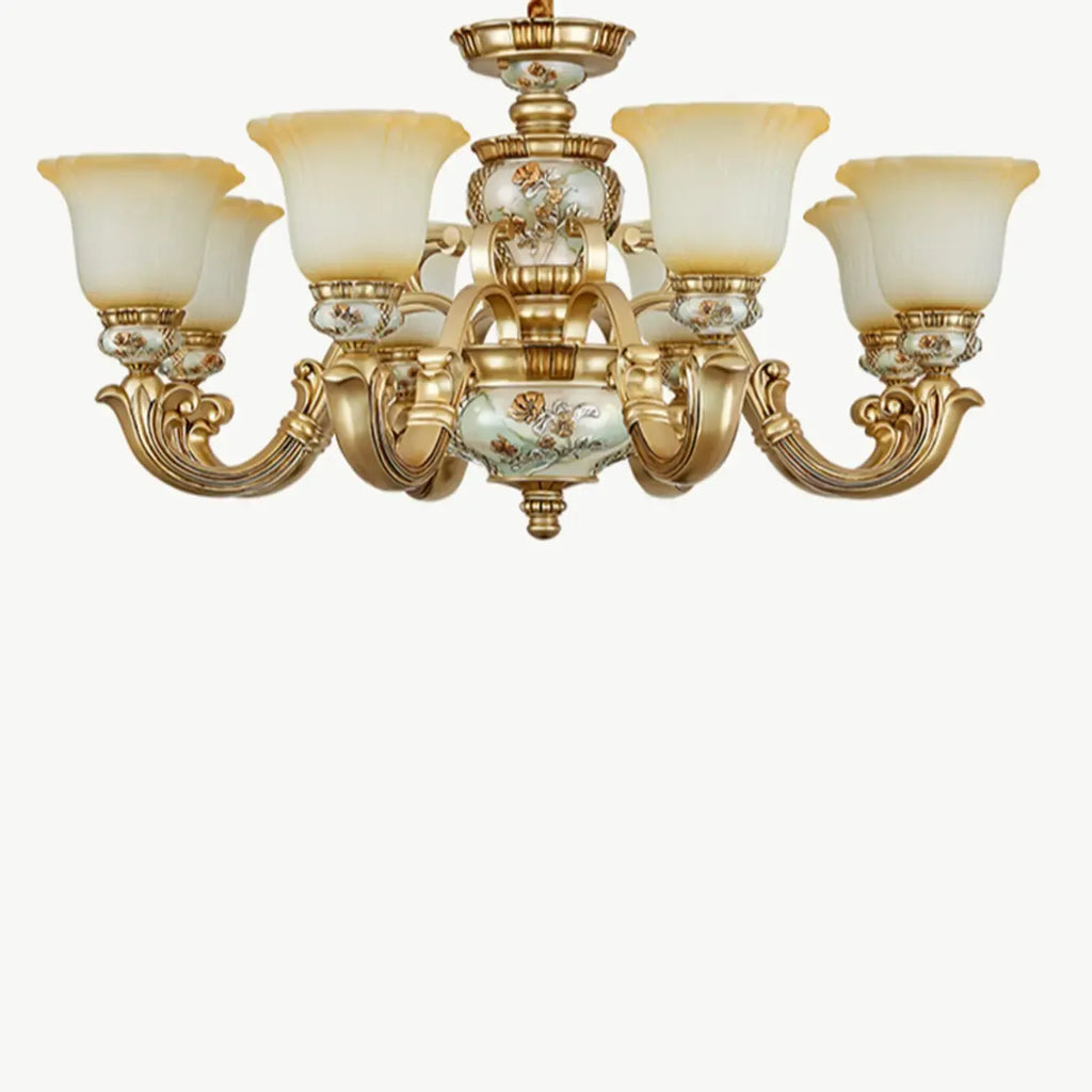 Lampadario in ceramica color oro antico con campane in vetro satinato