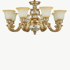 Lampadario in ceramica color oro antico con campane in vetro satinato