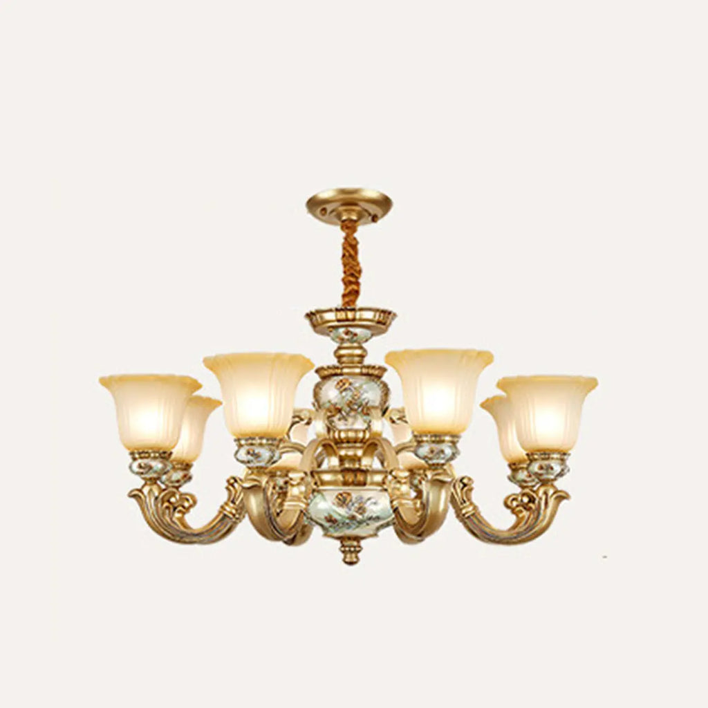 Lampadario in ceramica color oro antico con campane in vetro satinato