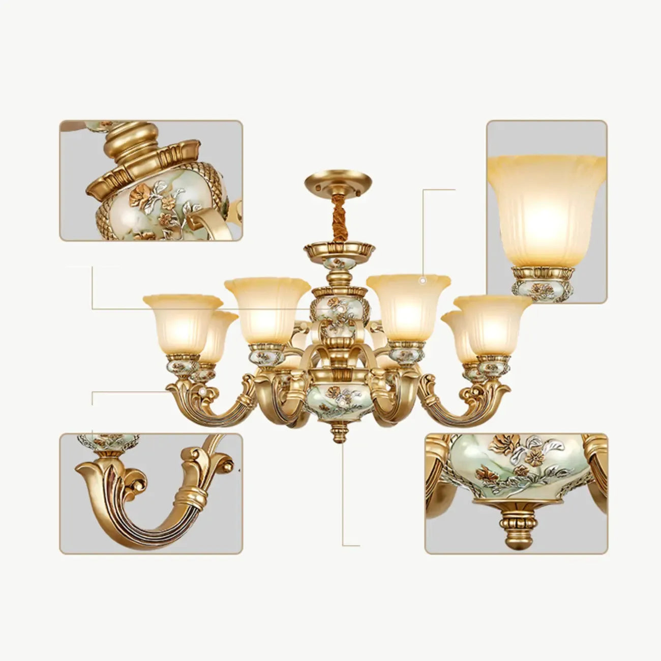 Lampadario in ceramica color oro antico con campane in vetro satinato