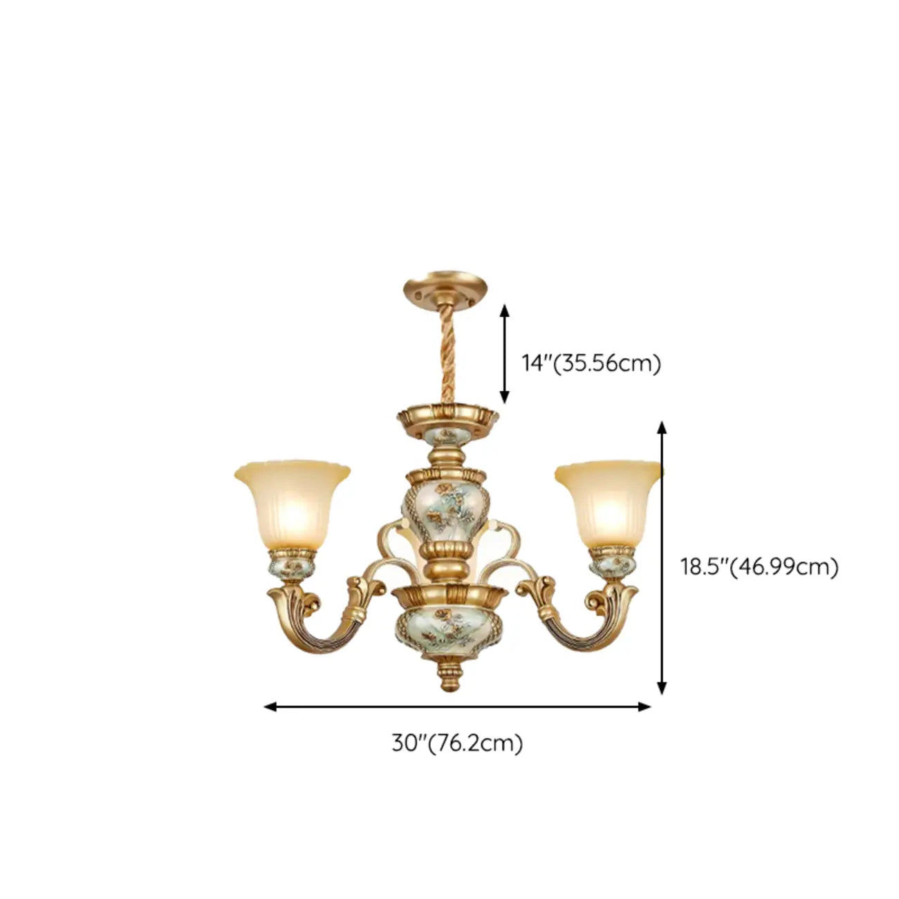 Lampadario in ceramica color oro antico con campane in vetro satinato